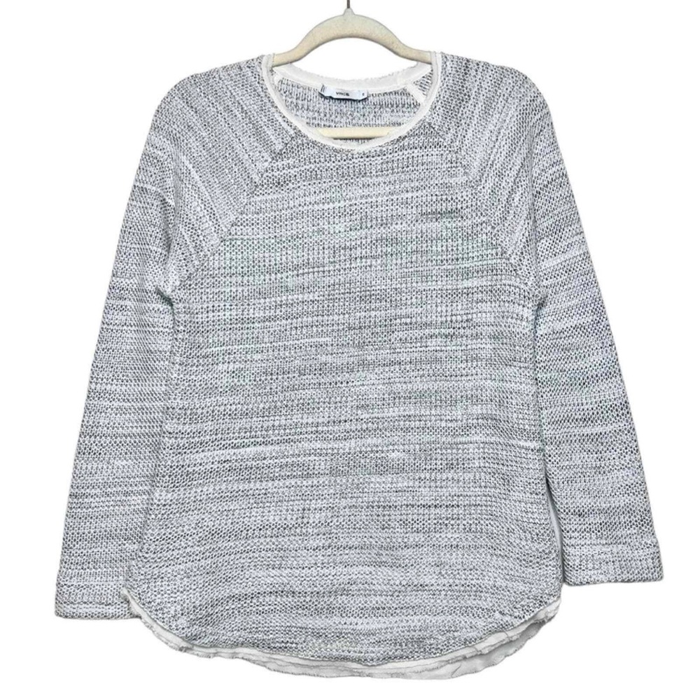VINCE Heather Gray Woven Knit Cream Silk Trim Long Sleeve Sweater- Size Small